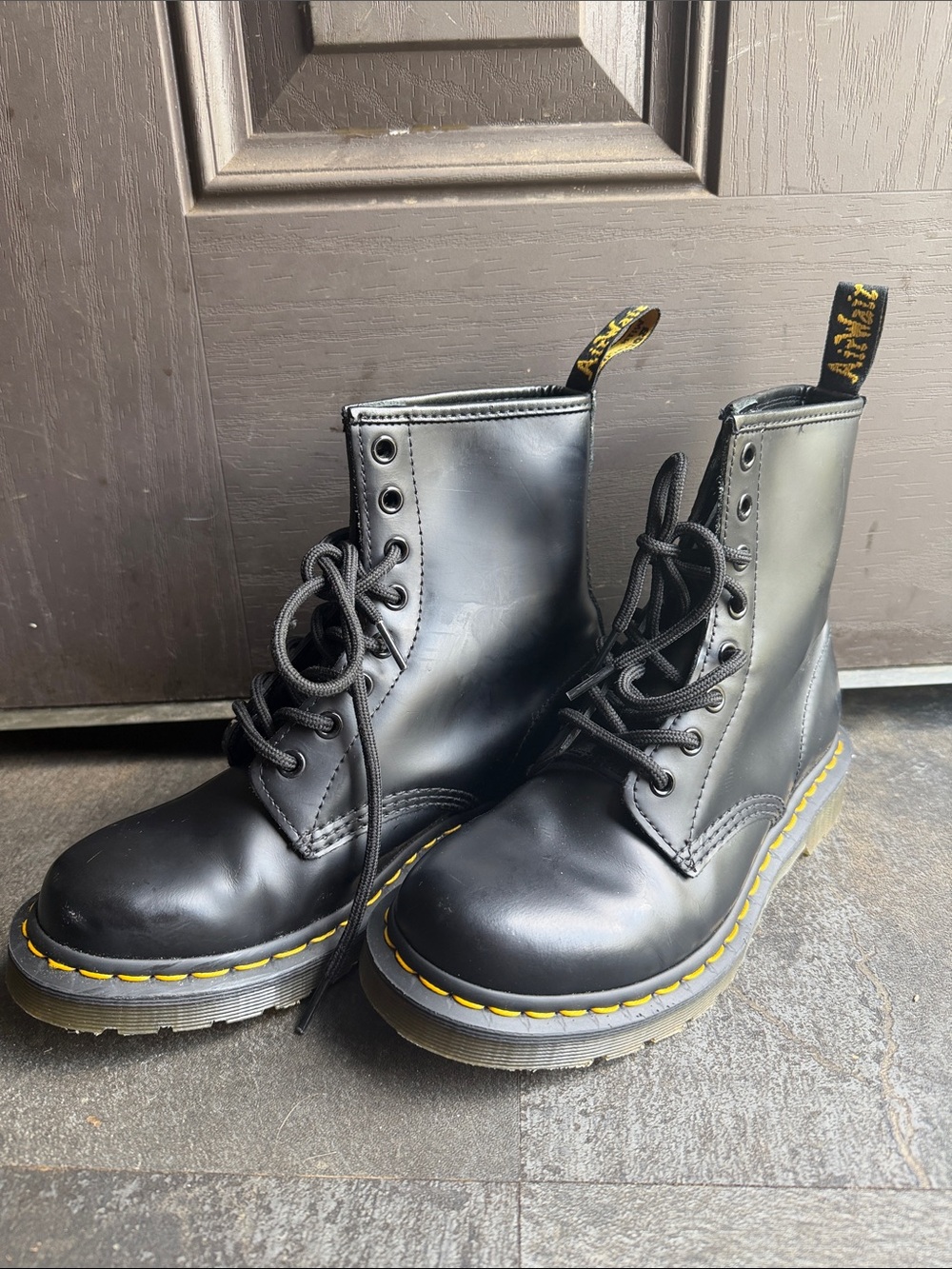 Dr. Martens Black Lace-Up Boots with Yellow Stitching